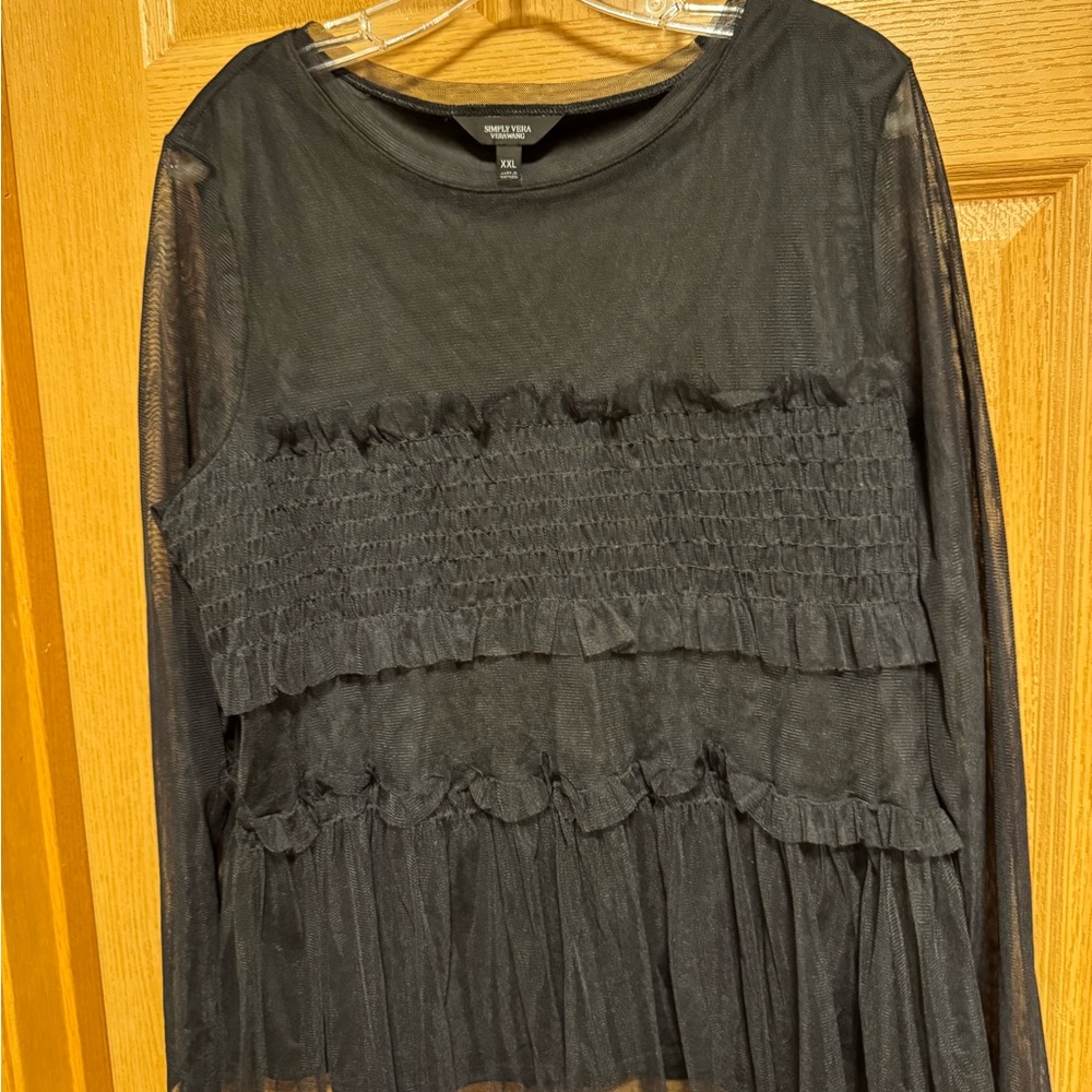 Simply Vera Vera Wang Black Sheer Ruffle Long-Sleeve Top